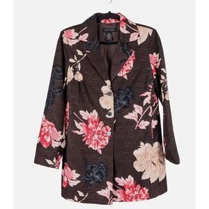 Silk Land Blazer Small Womens‎ Silk Floral Brown Pink Long Jacket Collar Buttons